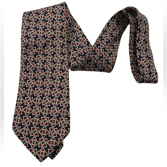 Brooks Brothers Silk Tie Geometric Medallion Navy Red 58x3.25 - Picture 2 of 6